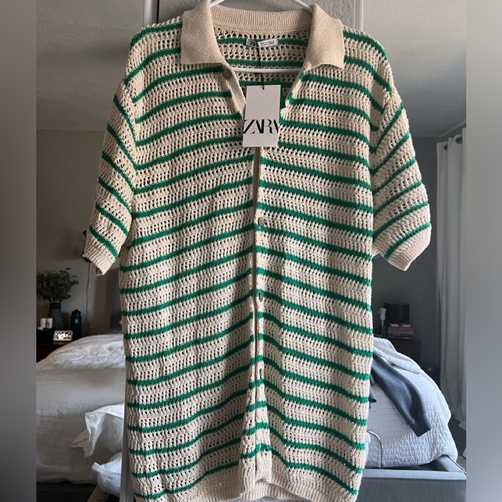 Zara cream and green striped crotchet relaxed fit button up. No longer sold